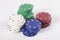 Stacks of red, green, white and blue casino chips