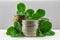 Stacks of Russian coins with clover leaves on a gray background with droplets of water. St.Patrick\'s Day.