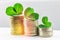 Stacks of Russian coins with clover leaves on a gray background with droplets of water. St.Patrick\'s Day.