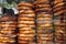 Stacks of simit bread in Istanbul, Turkey