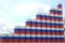 Stacks of steel drums with flag of Russia form increasing chart or upwards trend. Petroleum industry success concept, 3D