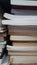 Stacks of textbooks in the health campus library