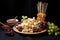 stacks of toothpicks next to a variety of cheese cubes and grapes on a plate