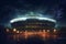 Stadium, Illuminated sports stadium at dusk, view of the city and colorful lights during sunset