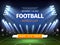 Stadium lights poster. Football match invitation banner, sport background with spotlights, green field with projector