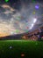 Stadium sunset Confetti and tinsel with people fans. 3d render illustration cloudy