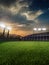 Stadium sunset with people fans. 3d render illustration cloudy