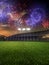 Stadium sunset with people fans. 3d render illustration cloudy sky
