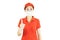 Staff,Asian Delivery in red uniform isolated on white background.Courier in protective mask and medical gloves,concept delivers