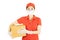 Staff,Asian Delivery in red uniform isolated on white background.Courier in protective mask and medical gloves,concept delivers