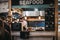 Staff at the seafood stand in Mercato Metropolitano market in London, UK