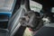 Staffordshire Bull Terrier dog sitting on a rear seat of a car attached via a harness looking through the front seats t