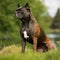 Staffordshire Bull Terrier sitting on the green meadow in a summer green field. Staffordshire Bull Terrier dog sitting on the