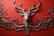 A stag head mounted on a red wall. Generative AI image.