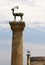 Stag statue, deer statue in Mandraki Harbour, Rhodes, Greece