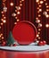 Stage with curtains and spotlights. Red podium christmas light decoration.