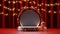 Stage with curtains and spotlights. Red podium christmas light decoration.