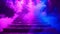 Stage light with smoke neon colors. Purple and blue. Laser neon red and blue light rays flash and glow. Festive concert