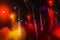 Stage lights. Several projectors in the dark. Multi-colored light beams from the stage spotlights on the stage in the smoke at th