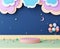 stage podium party birthday kid cute theme. colorful cloud night sky moon star backdrop with balloons, gift box, sphere balls.