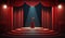 Stage for a show or TV entertainment with microphone, stairs, red curtains, spotlights, illumination and decor. Generative ai