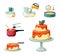 Stages and equipment making birthday cake set. Beat yellow crust mass with mixer and bake in oven mix orange glaze and