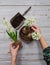 Stages of planting hyacinths at home, gardening instruments, pot with soil, selective focus