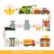 Stages of production of bread, growing cereals, harvesting, bakery equipment, delivery to shop vector Illustration on a