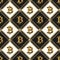 Staggered pattern with shiny gold bitcoin sign, gold chains, beads