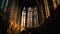 Stained glass arches illuminate majestic gothic basilica generated by AI