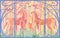 Stained glass horses of color patches in the frame of Art Nouveau style. Delicate shades of pink orange green