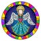 Stained glass illustration with an abstract angel in blue robe with a heart , round picture frame in bright