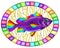 Stained glass illustration with abstract bright sea bass on a yellow  background, oval image in bright frame