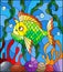 Stained glass illustration with abstract colorful exotic fish amid seaweed, coral and shells
