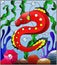 Stained glass illustration with abstract colorful exotic red fish amid seaweed, coral and shells