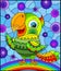 Stained glass illustration with abstract cute bright parakeet on a sky background with rainbow