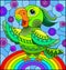 Stained glass illustration with abstract cute bright parakeet on a sky background with rainbow