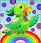 Stained glass illustration with  abstract cute bright parakeet on a sky background with rainbow