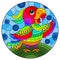 Stained glass illustration with abstract cute  rainbow  parakeet on a sky background