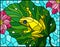 Stained glass illustration with abstract frog on Lotus leaf on water and flowers