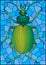 Stained glass illustration with abstract in green beetle on a blue background, the rectangle image