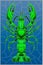 Stained glass illustration with abstract green crayfish on a blue background