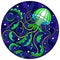 Stained glass illustration with abstract green  jellyfish against a dark blue sea and bubbles, round image