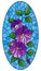 Stained glass illustration with  abstract intertwined purple flowers and leaves on blue background,vertical orientation, oval imag