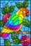 Stained glass illustration with  an abstract parrot on a branch of a flowering tree on a blue background, rectangular image