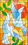 Stained glass illustration with abstract pigeons, the sun and branches n bright orange sky