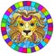 Stained glass illustration with  abstract rainbow lion head on a blue background, oval image in bright frame