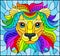 Stained glass illustration with abstract rainbow lion head on a blue background rectangular image