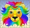 Stained glass illustration with  abstract rainbow lion head on a blue background rectangular image