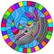 Stained glass illustration with abstract rainbow rhino head on a blue background , oval image in bright frame